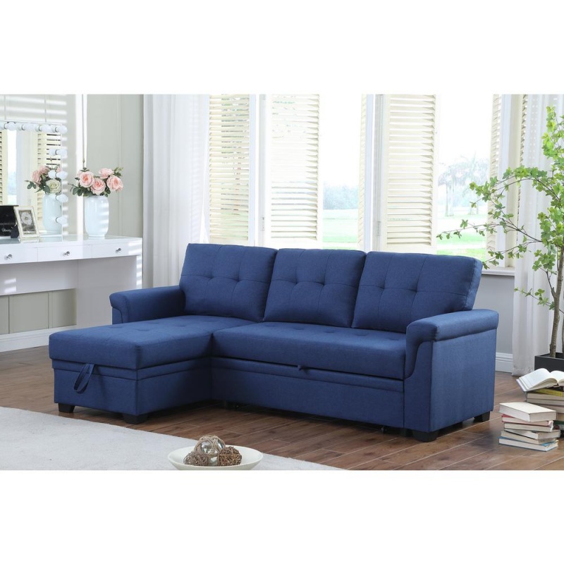 Lucca Blue Linen Reversible Sleeper Sectional Sofa With Storage Chaise