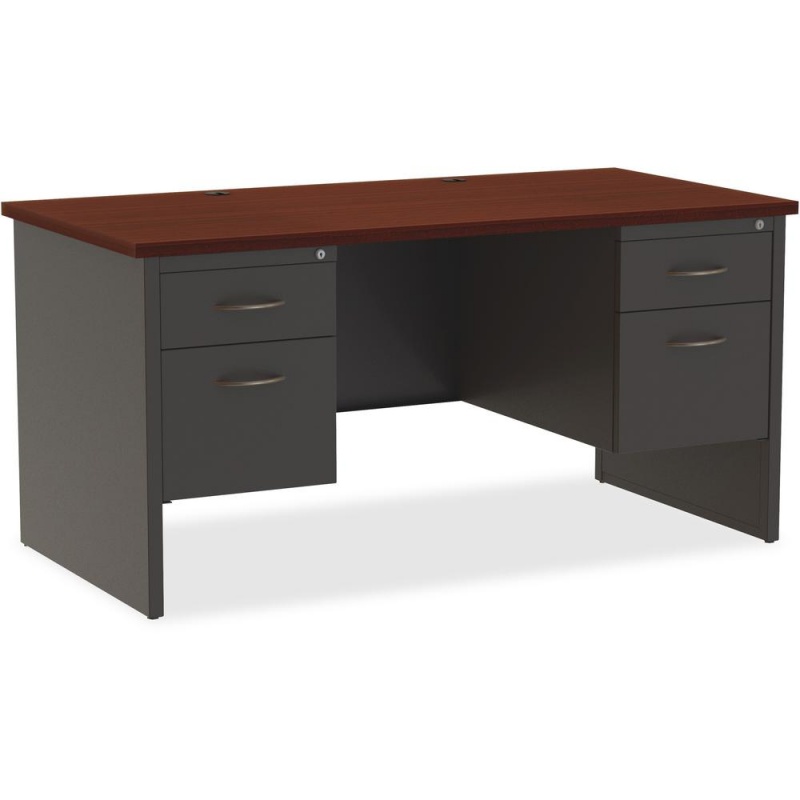 Lorell Mahogany Laminate/Charcoal Modular Desk Series Pedestal Desk - 2-Drawer - 60" X 30" , 1.1" Top - 2 X Box, File Drawer(S) - Double Pedestal - Material: Steel - Finish: Mahogany Laminate, Charcoa