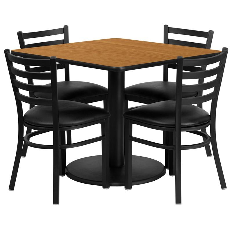 36'' Natural Table Set With Base and 4 Metal Chairs - Black Vinyl Seat