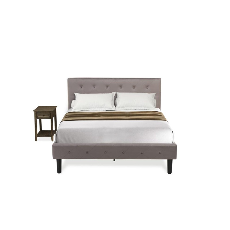 Nl14f-1De07 2 Pc Bed Set - 1 Bed Brown Taupe Velvet Fabric Headboard And 1 Nightstand - Distressed Jacobean Finish Nightstand