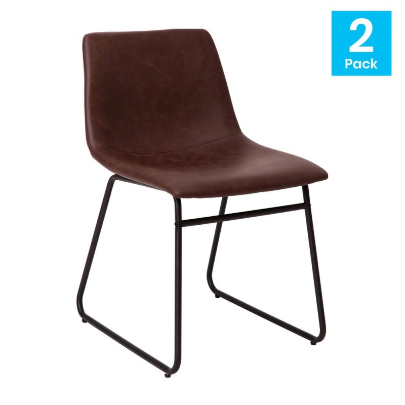 18 Inch Dining Table Height Chair, Mid-Back Sled Base Dining Chair In Dark Brown Leathersoft With Black Frame, Set Of 2