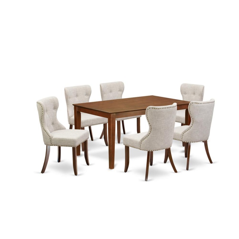 East-West Furniture Casi7-Mah-35 - A Dining Table Set Of 6 Great Parson Chairs With Linen Fabric Doeskin Color And An Attractive Wood Table In Mahogany Finish