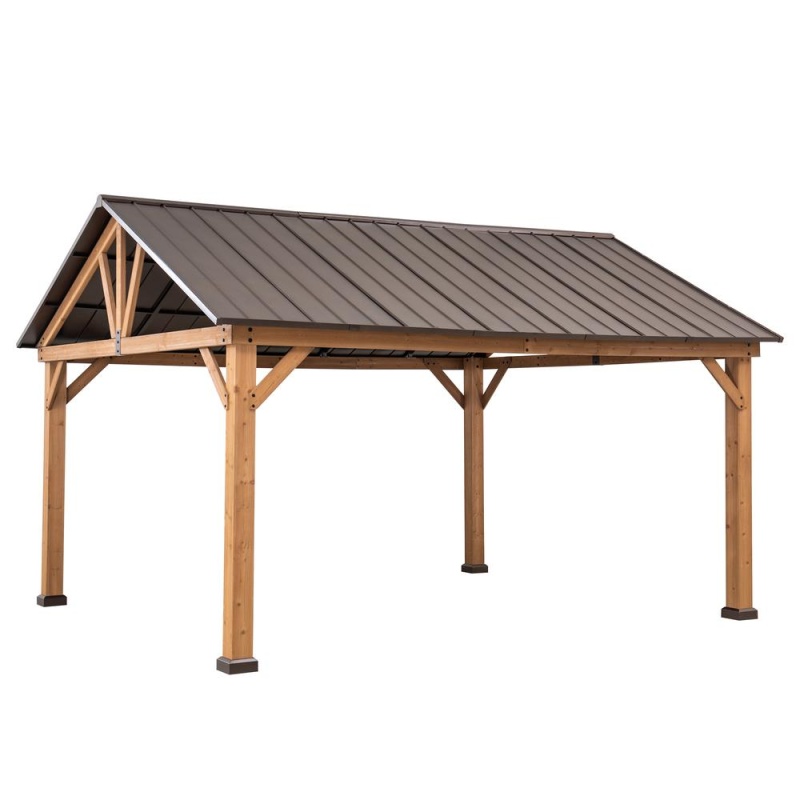Sunjoy 13 Ft. X 15 Ft. Cedar Framed Gazebo With Brown Steel Gable Roof Hardtop