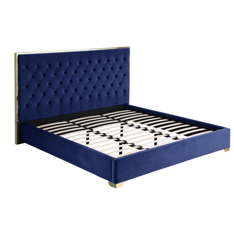Kressa Velour Fabric Tufted Queen Platform Bed In Blue/Gold