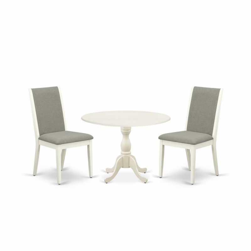 East West Furniture Dmla3-Lwh-06 3 Piece Wooden Dining Table Set Includes 1 Drop Leaves Dining Table And 2 Shitake Linen Fabric Upholstered Dining Chair With High Back - Linen White Finish
