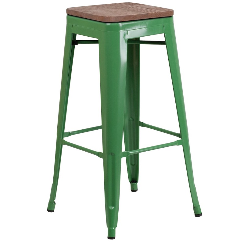 30" High Backless Green Metal Barstool With Square Wood Seat