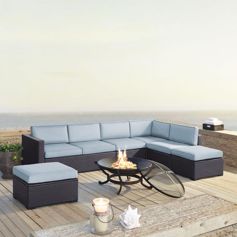 Biscayne 6Pc Outdoor Wicker Sectional Set W/Fire Pit Mist/Brown - 2 Loveseats, Armless Chair, 2 Ottomans, Ashland Firepit