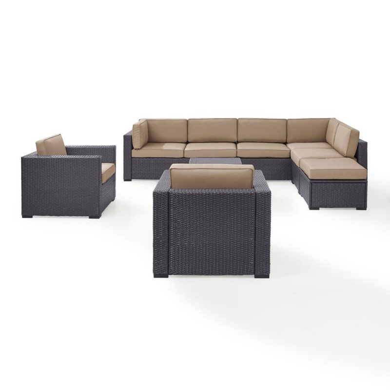 Biscayne 7Pc Outdoor Wicker Sectional Set Mocha/Brown - 2 Loveseats, 2 Arm Chairs, Armless Chair, Coffee Table, Ottoman