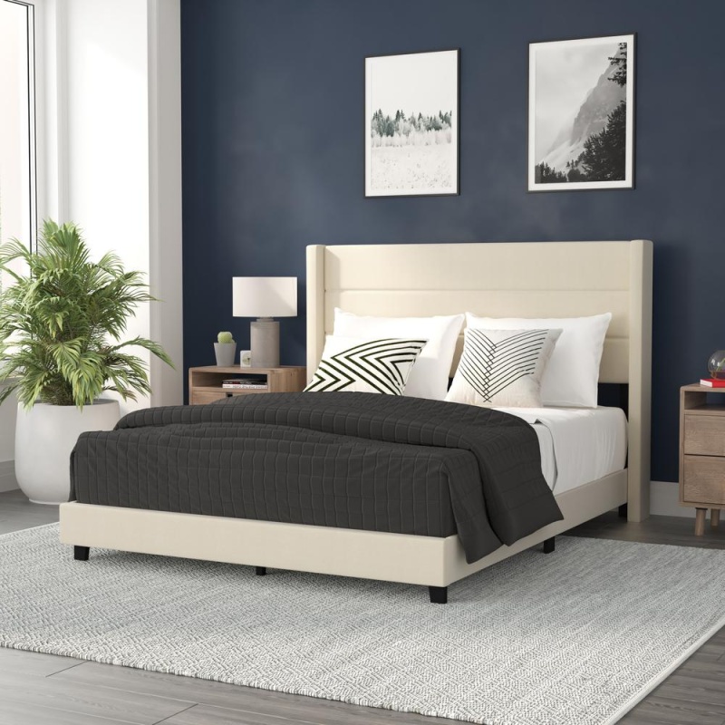 Hollis Queen Upholstered Platform Bed With Wingback Headboard, Mattress Foundation With Slatted Supports, No Box Spring Needed, Beige Faux Linen