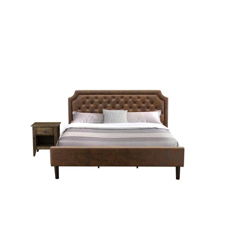 Gb25k-1Ga07 2-Pc King Bedroom Set With Upholstered Bed And Distressed Jacobean Nightstand - Dark Brown Faux Leather And Black Legs