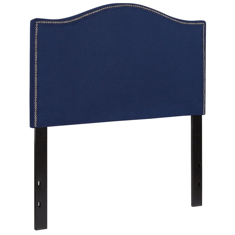 Upholstered Twin Size Headboard With Accent Nail Trim in Navy Fabric