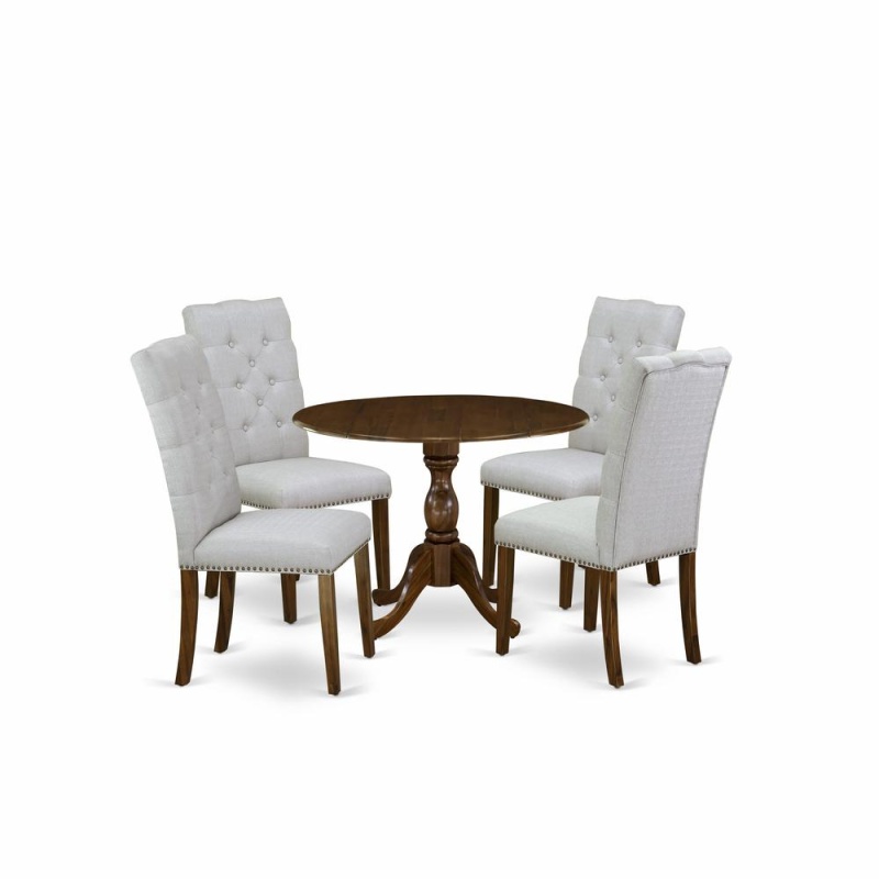 East West Furniture 5 Piece Dining Room Set Contains 1 Drop Leaves Dining Table And 4 Grey Linen Fabric Kitchen Chairs Button Tufted Back White Nail Heads - Acacia Walnut Finish