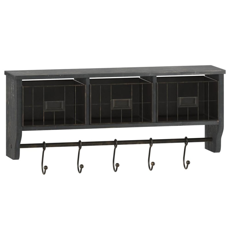 Wall Mounted 24 In Solid Pine Wood Storage Rack With Upper Shelf in Blackwashed