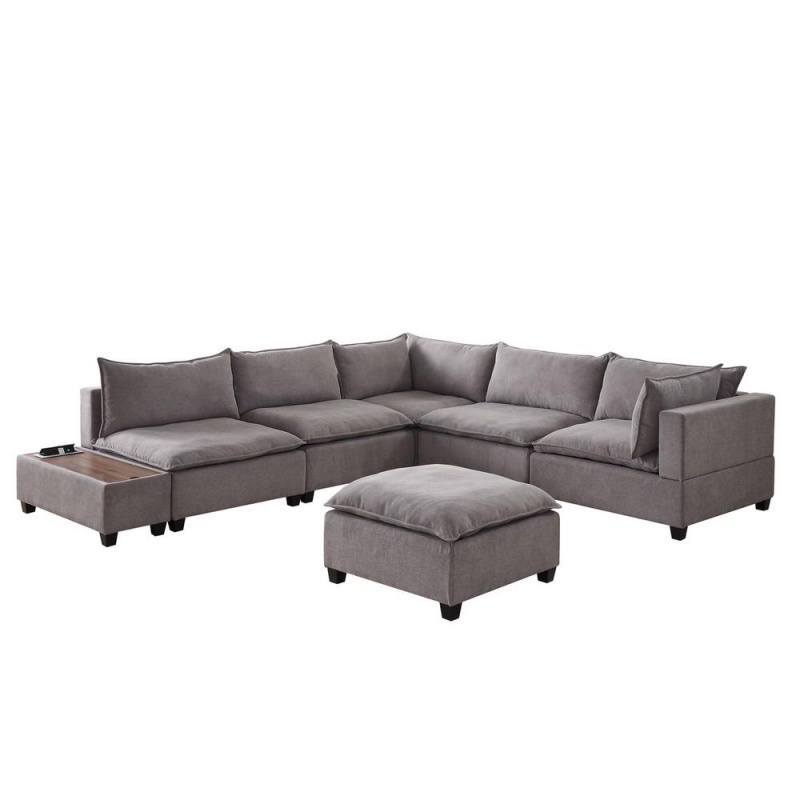 Madison Light Gray Fabric 7Pc Modular Sectional Sofa With Ottoman And Usb Storage Console Table
