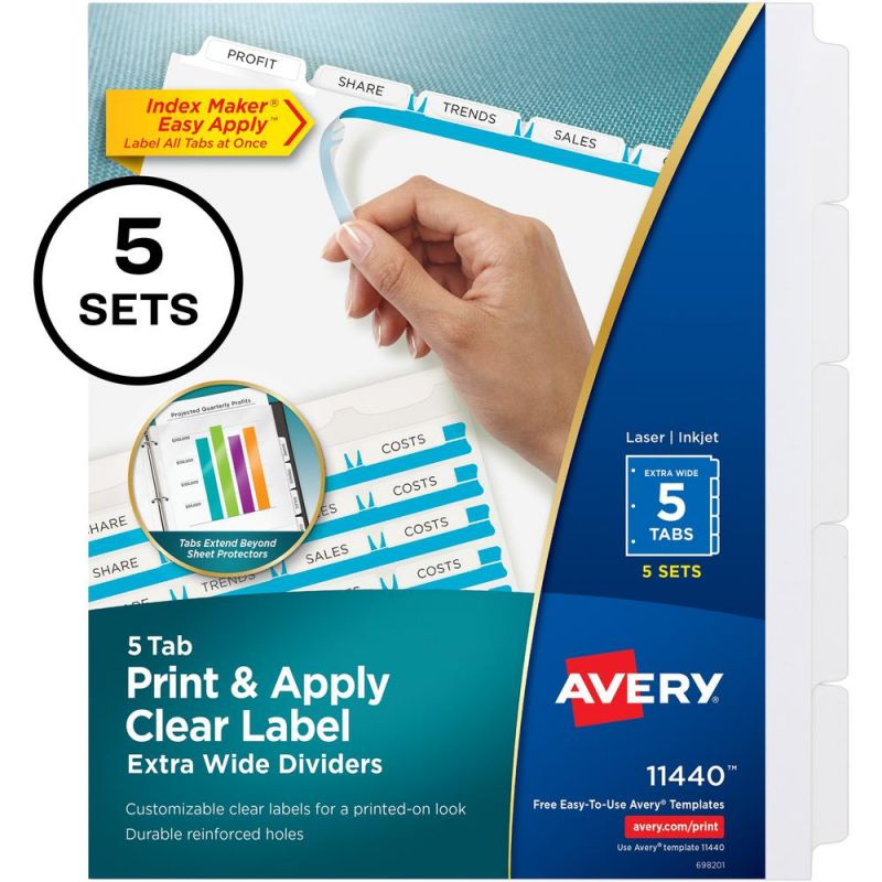 Avery® Index Maker Index Divider - 25 X Divider(S) - Print-On Tab(S) - 5 - 5 Tab(S)/Set - 9.3" Divider Width X 11.25" Divider Length - 3 Hole Punched - White Paper Divider - White Paper Tab(S) - 5
