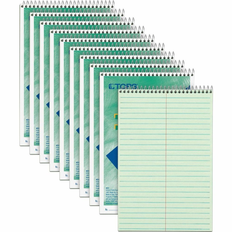 Tops Steno Books - 80 Sheets - Wire Bound - Gregg Ruled Margin - 6" X 9" - Green Tint Paper - Snag Resistant, Acid-Free, Heavyweight - 1 Dozen