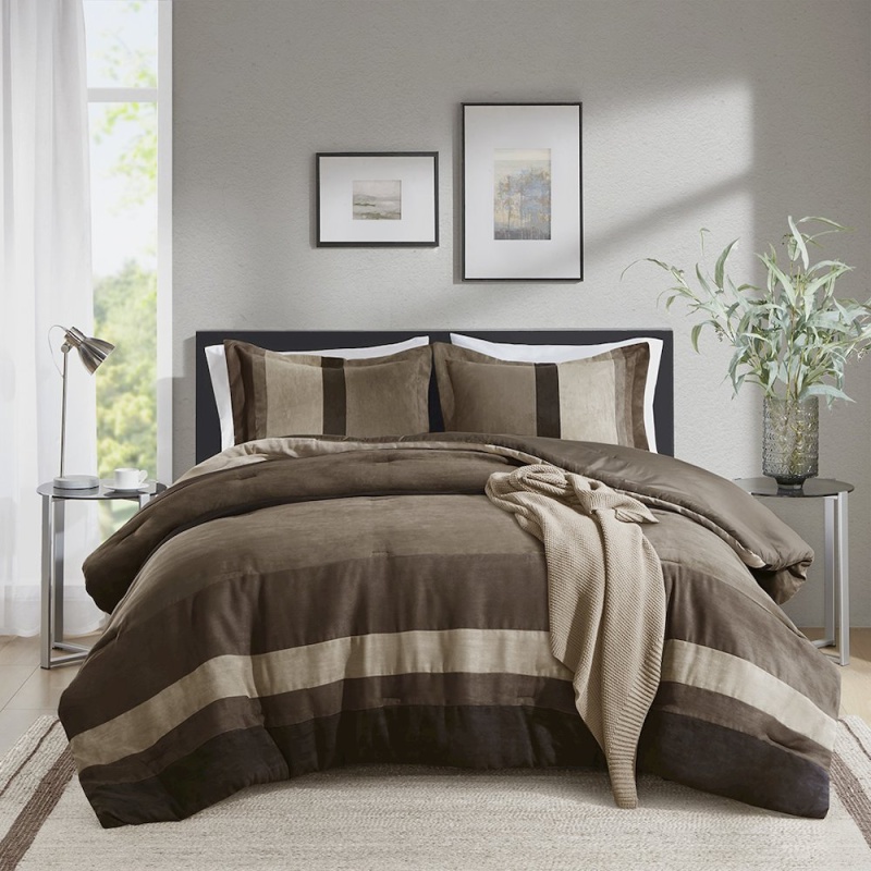 Boulder Stripe Pieced Faux Suede Comforter Set, Brown Color
