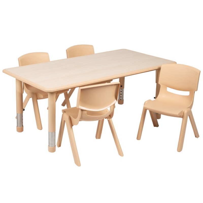 23.625"W X 47.25"L Rectangular Natural Plastic Height Adjustable Activity Table Set With 4 Chairs
