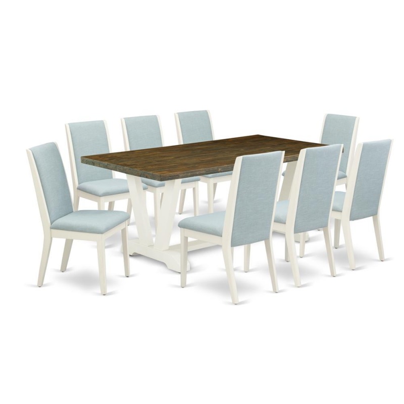 East West Furniture V077la015-9 9Pc Dining Table Set Consists Of A Rectangular Table And 8 Upholstered Dining Chairs With Baby Blue Color Linen Fabric, Medium Size Table With Full Back Chairs, Wirebru