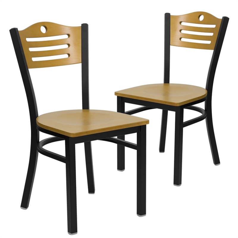 2 Pk. Hercules Series Black Slat Back Metal Restaurant Chair - Natural Wood Back & Seat