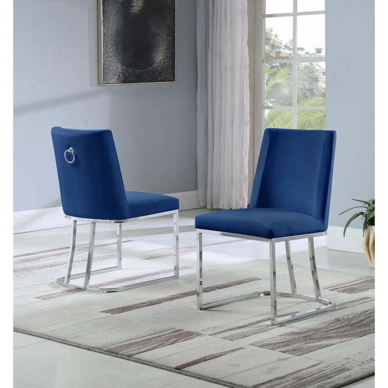 Velvet Upholstered Side Chair, Silver Color Legs, 4 Colors To Choose (Set Of 2) - Navy