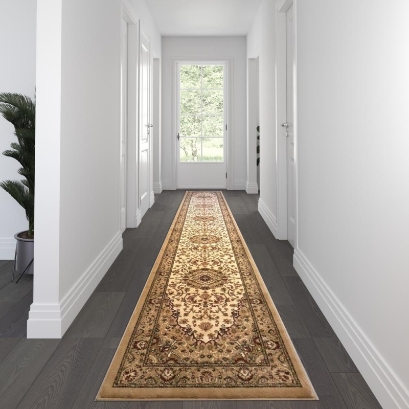 Mersin Collection Persian Style 3' X 20' Ivory Area Rug - Olefin Rug With Jute Backing - Hallway, Entryway, Bedroom, Living Room