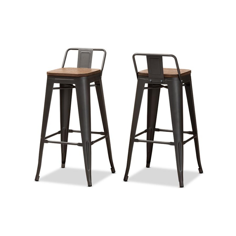 Henri Vintage Rustic Industrial Style Tolix-Inspired Bamboo And Gun Metal-Finished Steel Stackable Bar Stool With Backrest Set Of 2