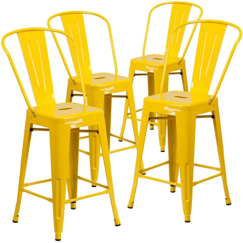 4 Pk. 24'' High Yellow Metal Indoor-Outdoor Counter Height Stool With Back