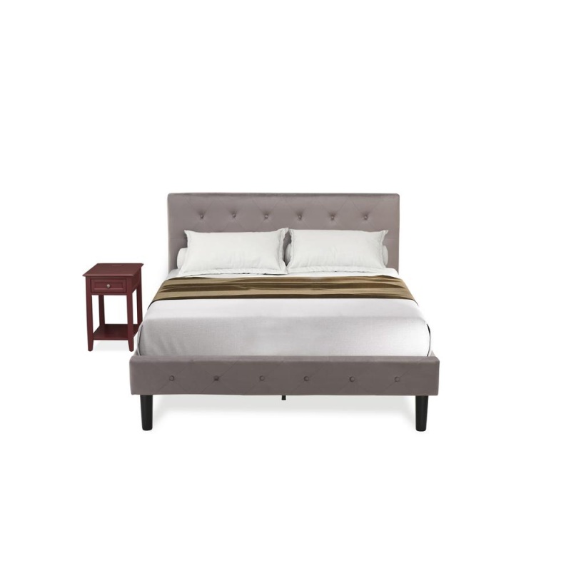 Nl14f-1De13 2 Piece Full Bed Set - 1 Bed Brown Taupe Velvet Fabric Headboard And 1 Modern Nightstand - Burgundy Finish Nightstand