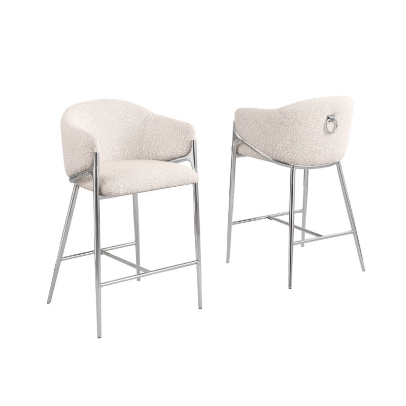 Cream Barstools (29") in Boucle Fabric, Set of 2