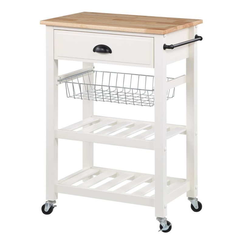 Os Home And Office Furniture Model Hampton Kitchen Cart In White With Solid Rubberwood Top