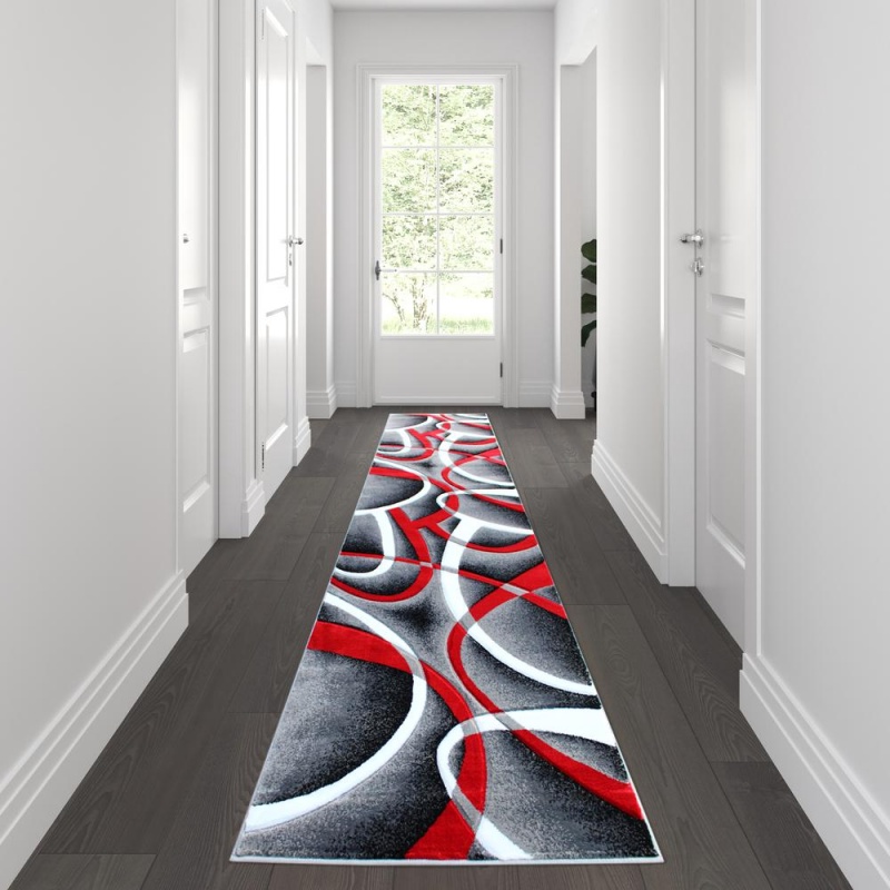Atlan Collection 3' X 10' Red Abstract Area Rug - Olefin Rug With Jute Backing - Entryway, Living Room Or Bedroom