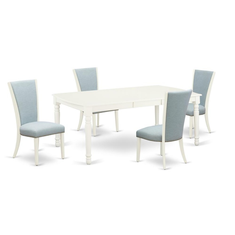 East-West Furniture Dove5-Lwh-15 - A Dining Set Of 4 Amazing Dining Room Chairs With Linen Fabric Baby Blue Color And An Attractive Wood Kitchen Table With Linen White Color