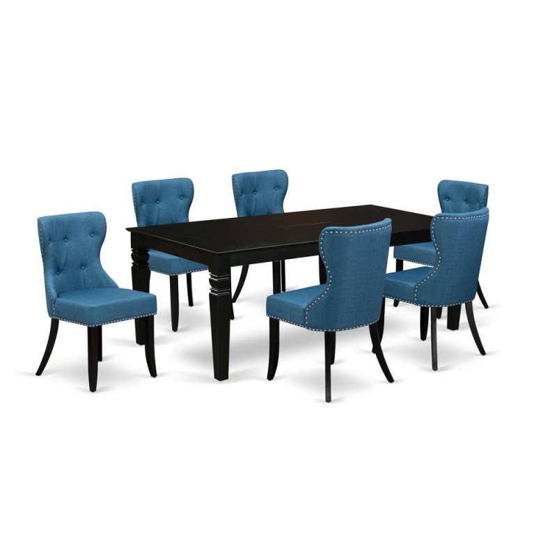 East-West Furniture Lgsi7-Blk-21 - A Wooden Dining Table Set Of 6 Excellent Kitchen Dining Chairs With Linen Fabric Mineral Blue Color And A Wonderful Dinner Table Using Black Color