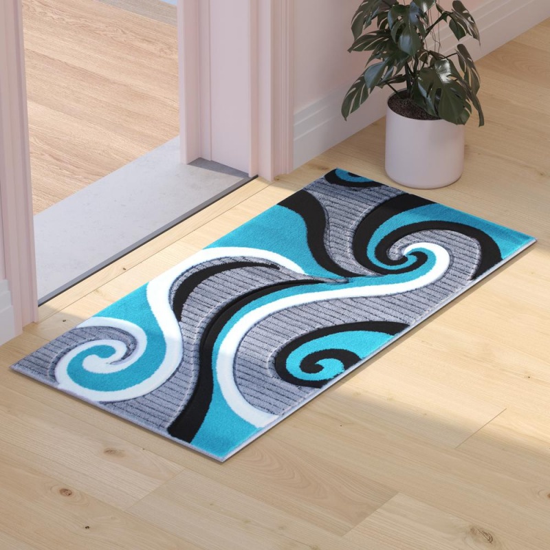 Athos Collection 2' X 3' Turquoise Abstract Area Rug - Olefin Rug With Jute Backing - Hallway, Entryway, Or Bedroom