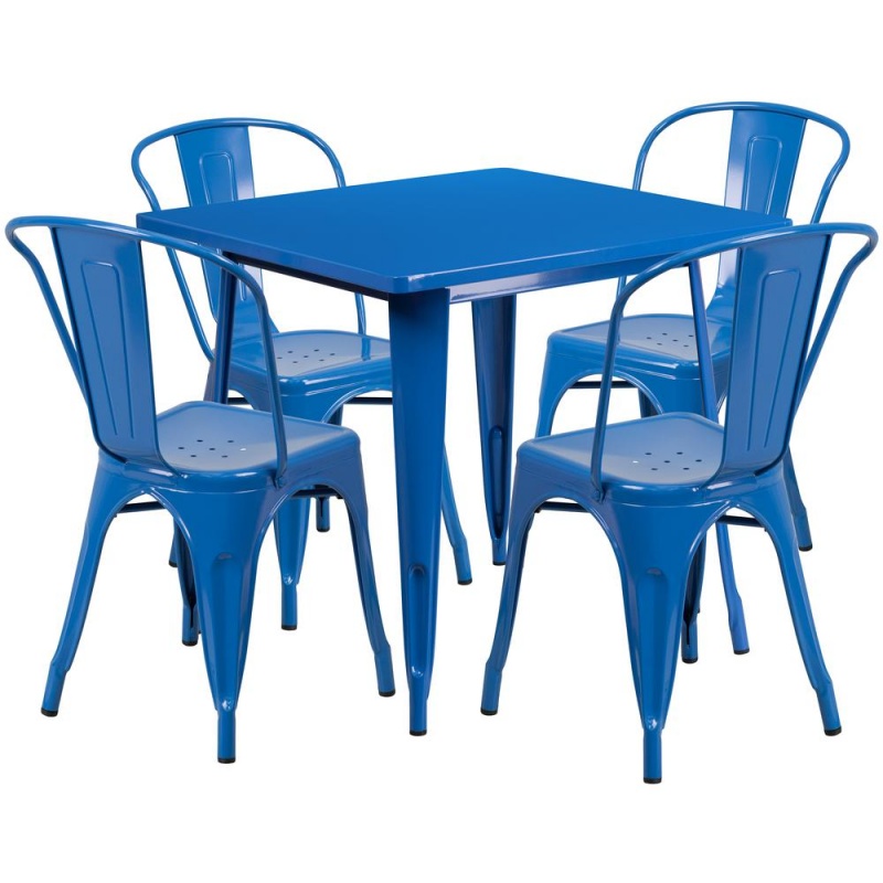 Commercial Grade 31.5" Square Blue Metal Indoor-Outdoor Table Set With 4 Stack Chairs