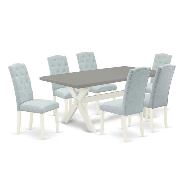 East West Furniture 7-Piece Dining Set with Baby Blue Linen Parson Chairs
