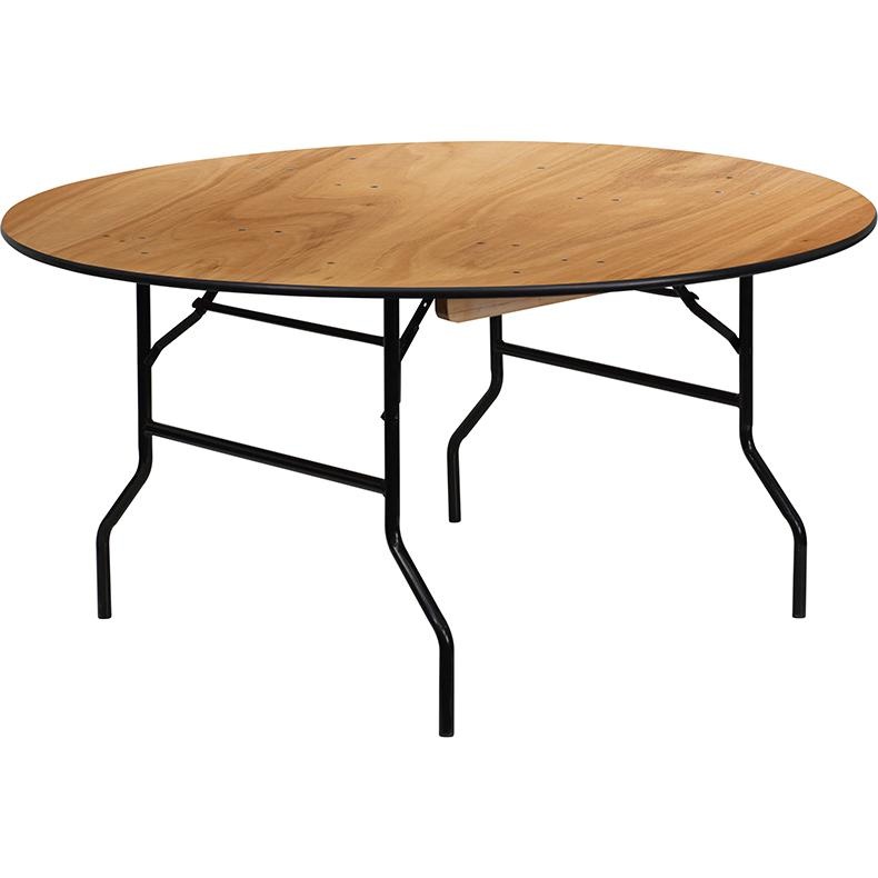 5-Foot Round Wood Folding Banquet Table With Clear Coated Finished Top