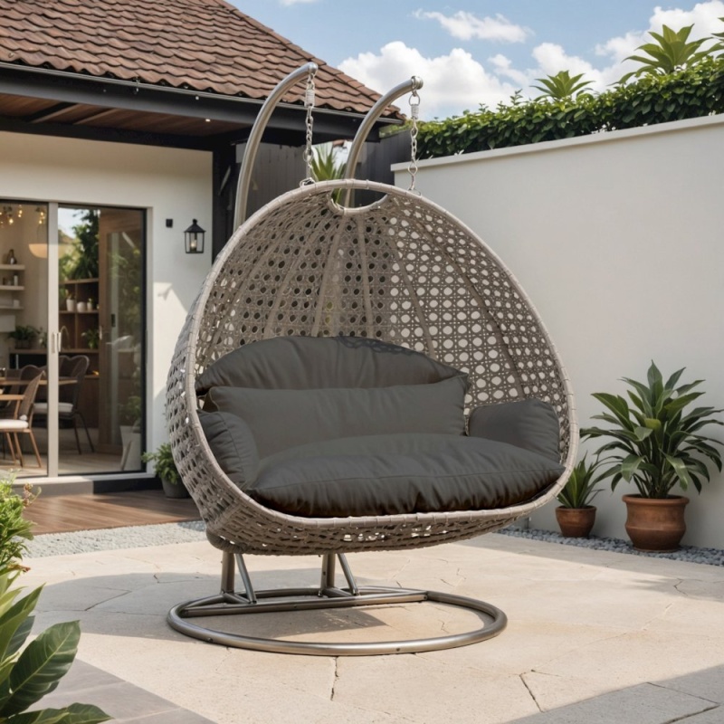 Beige Wicker Hanging 2 Person Egg Swing Chair