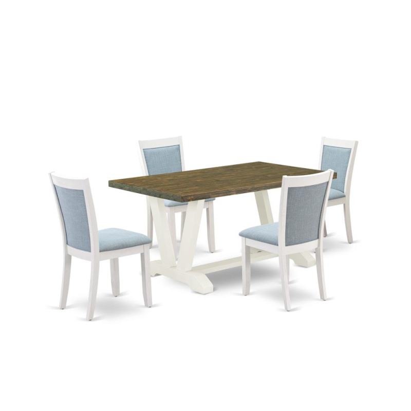 V076mz015-5 5-Piece Modern Dining Set Consists Of A Dining Table And 4 Baby Blue Parson Chairs - Wire Brushed Linen White Finish