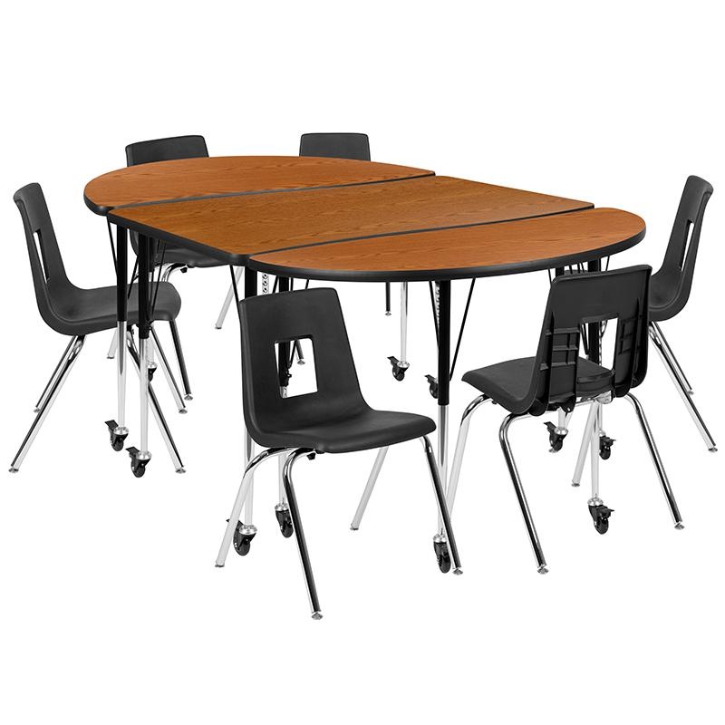 Mobile 76" Oval Wave Collaborative Laminate Activity Table Set With 18" Student Stack Chairs, Oak/Black