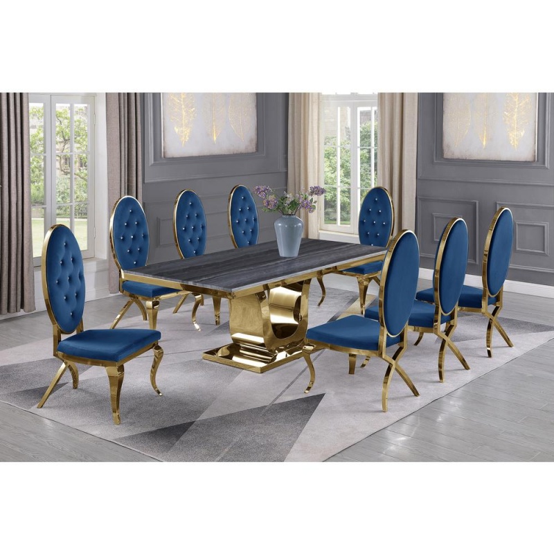 Dark Grey Marble 9Pc Set Tufted Faux Crystal Chairs In Navy Blue Velvet