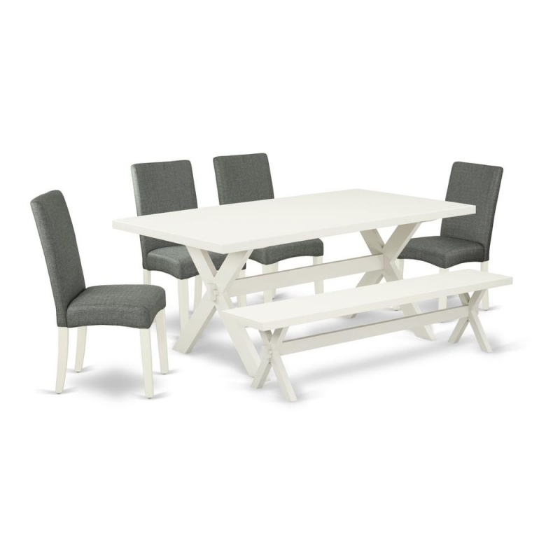 East West Furniture 6-Piece Wooden Dining Table Set-Gray Smoke Linen Fabric Seat And Stylish Chair Back Dining Chairs, A Rectangular Bench And Rectangular Top Dining Table With Hardwood Legs - Linen w