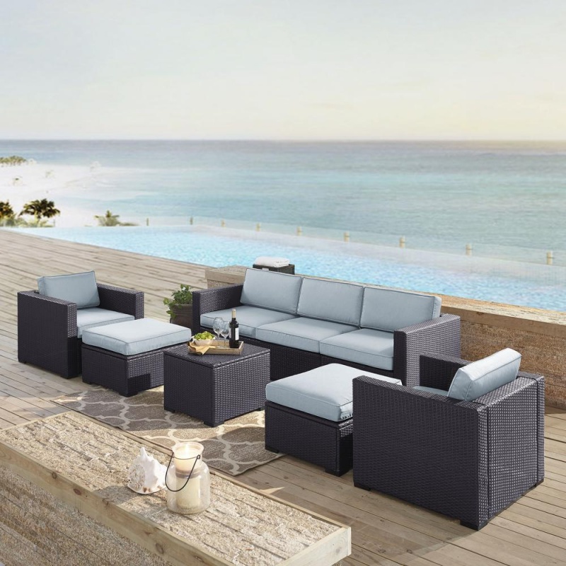 Biscayne 7Pc Outdoor Wicker Sectional Set Mist/Brown - Loveseat, 2 Arm Chairs, Corner Chair, Coffee Table, 2 Ottomans