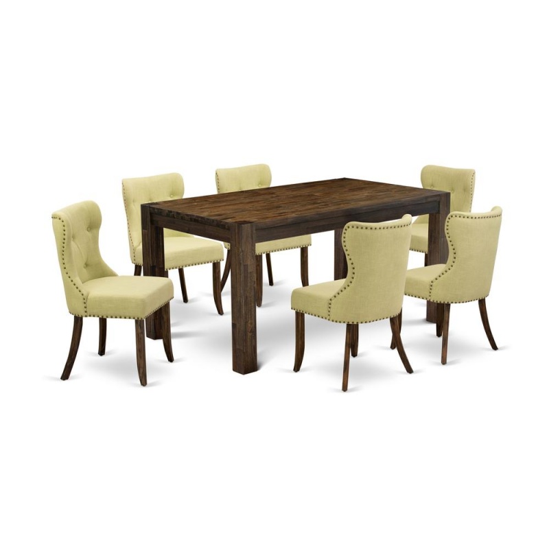 East West Furniture Cnsi7-77-37 7-Pc Modern Dining Table Set- 6 Parson Dining Chairs With Limelight Linen Fabric Seat And Button Tufted Chair Back - Rectangular Table Top & Wooden 4 Legs - Distressed