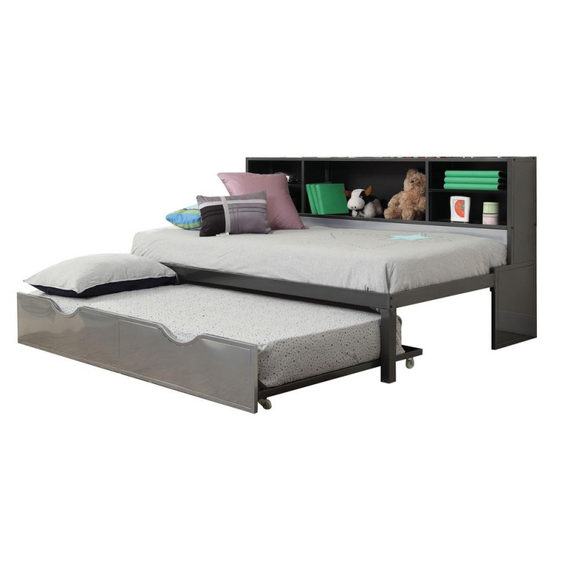 Renell Twin Bed W/Bookcase & Trundle, Black & Silver