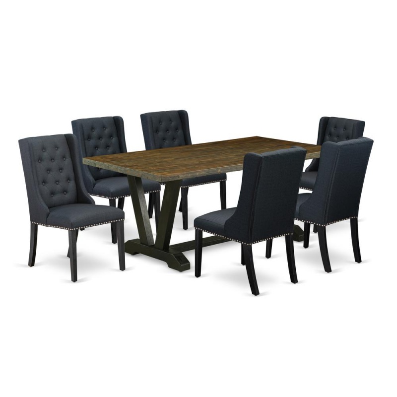 East West Furniture V677fo624-7 7 Piece Dining Table Set - 6 Black Linen Fabric Kitchen Chairs Button Tufted With Nail Heads And Distressed Jacobean Dining Room Table - Wire Brush Black Finish