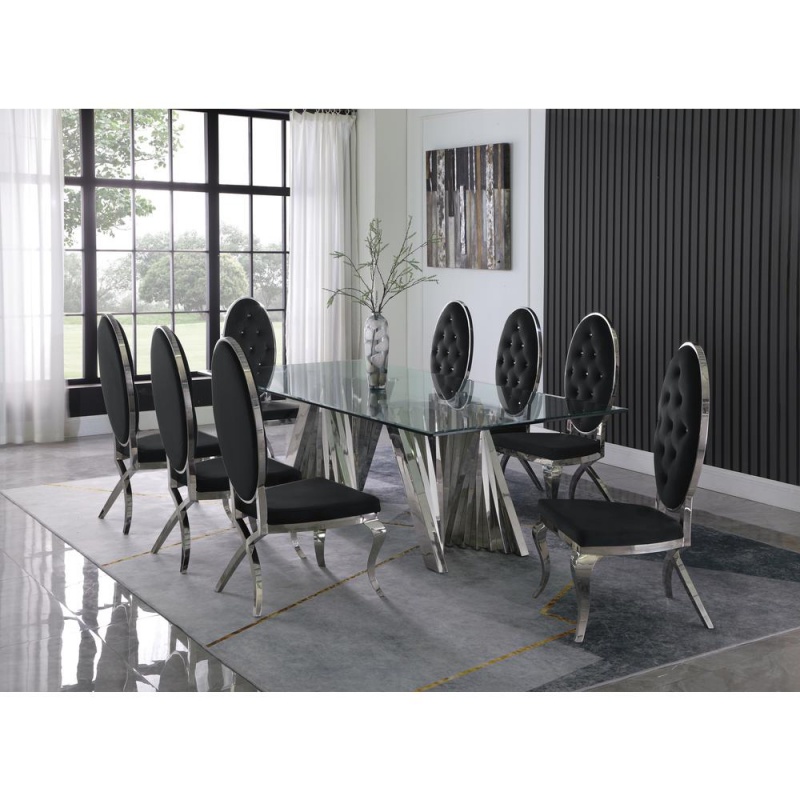 Classic 9Pc Dining Set W/Uph Tufted Side Chair, Glass Table W/ Silver Spiral Base, Black