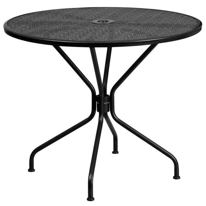 Commercial Grade 35.25" Round Black Indoor-Outdoor Steel Patio Table Set With 2 Square Back Chairs