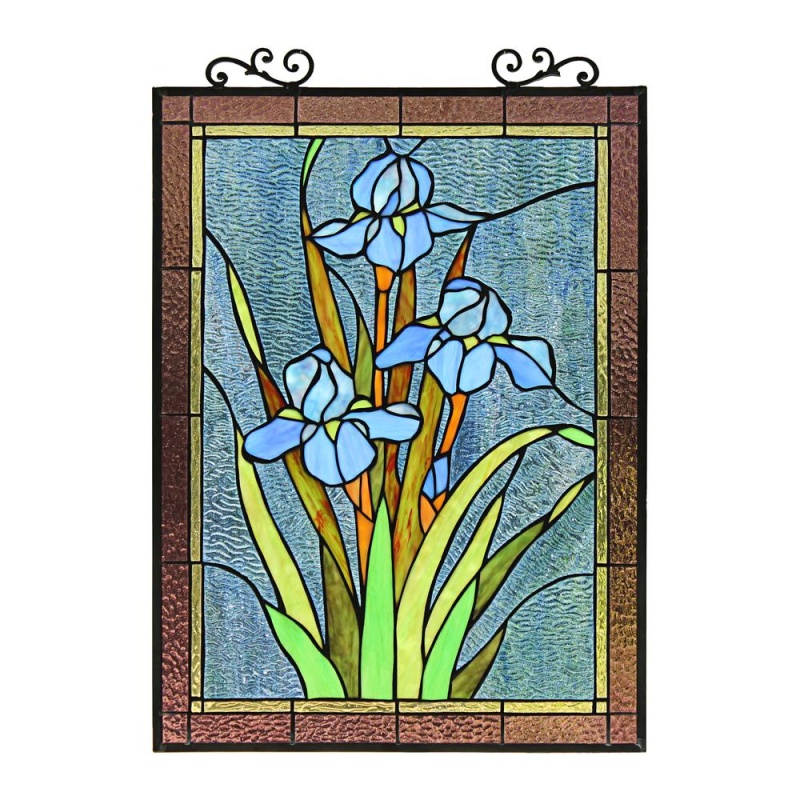 Blue Iris Floral Tiffany-Style Stained Glass Hanging Window Panel